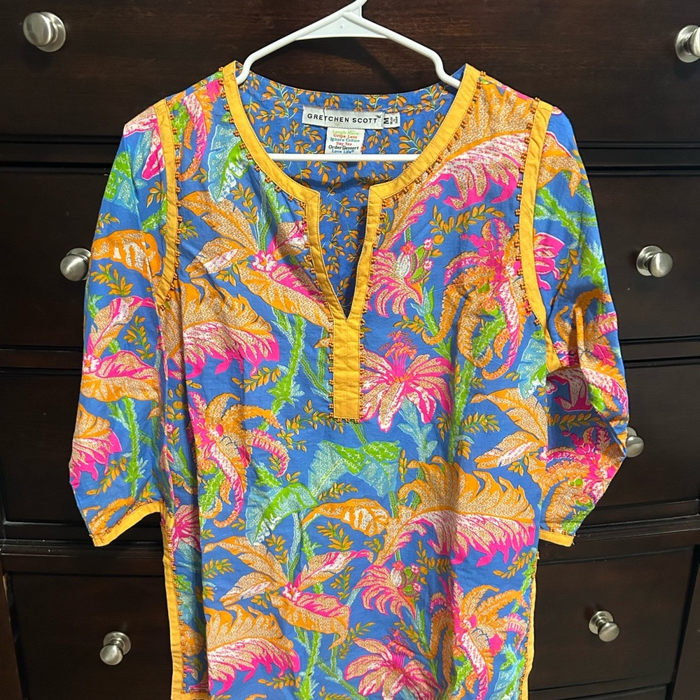 Gretchen Scott Designs Blue and Orange Leafy Tunic